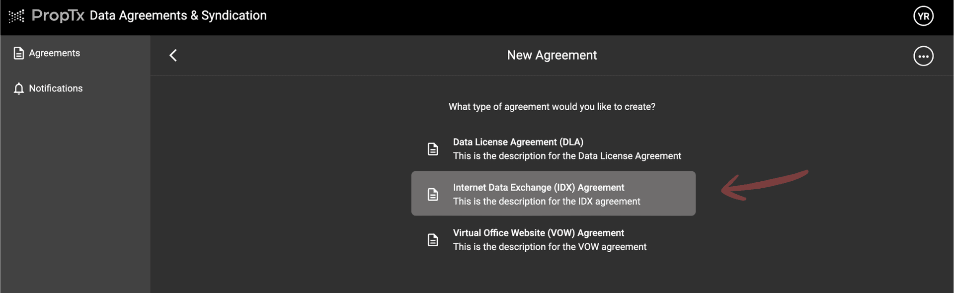 IDX Agreement Option Selection