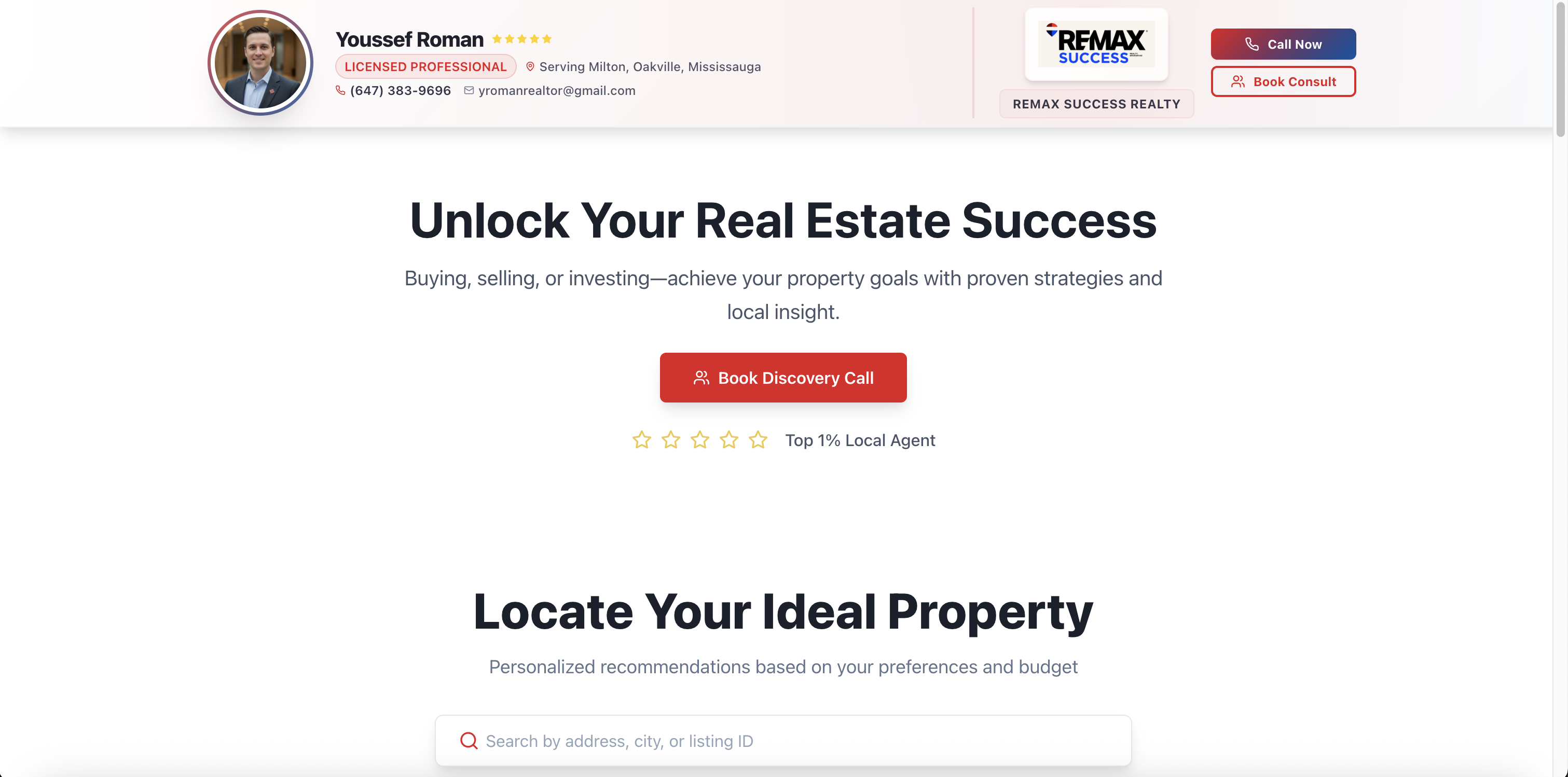 Screenshot of Orchestate branded IDX realtor website showing live MLS property listings with lead capture functionality for GTA agents