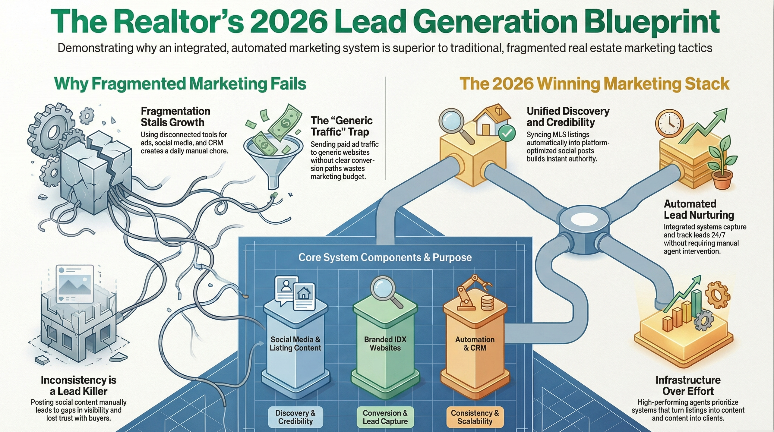 Real estate marketing automation workflow showing listings converted to social media, email, and website content
