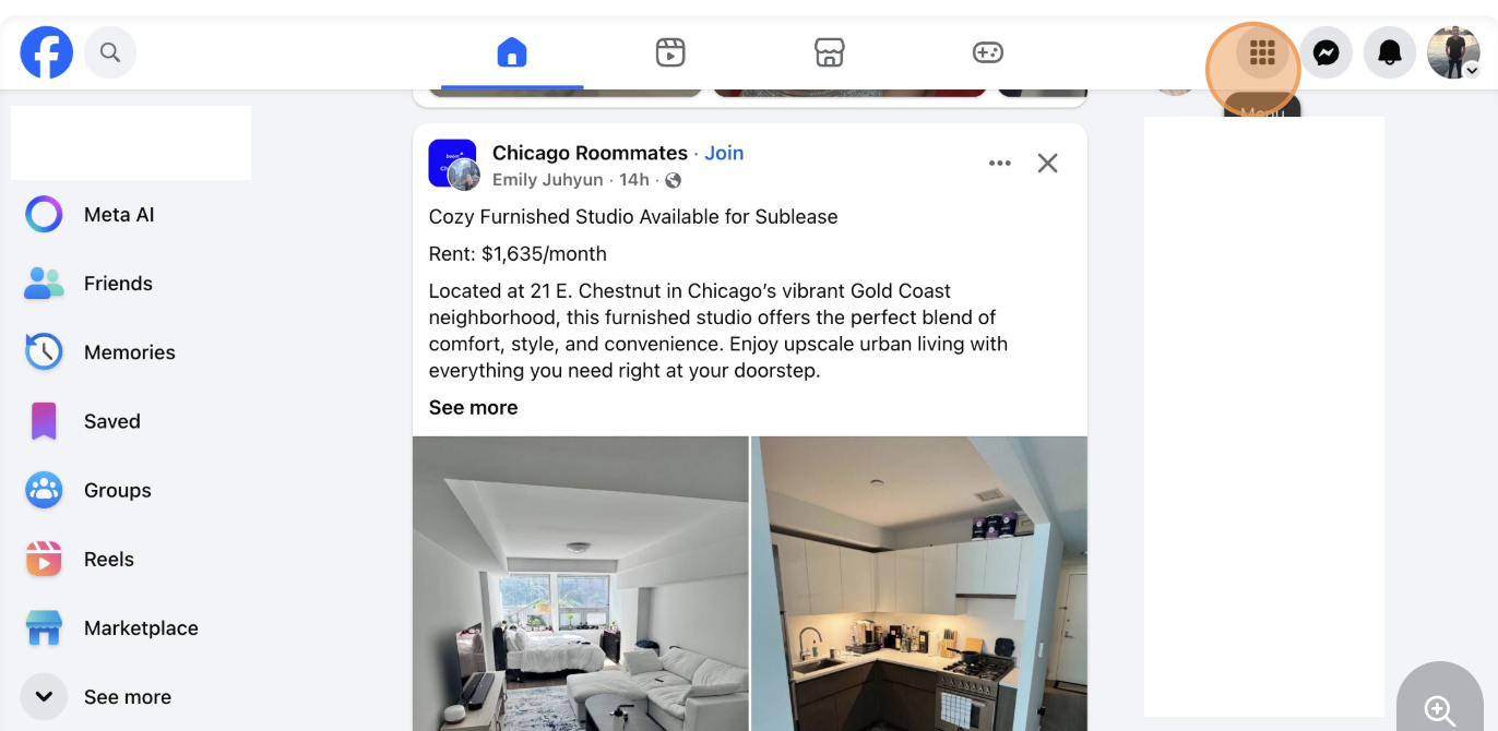 Facebook Menu - Click on the menu icon to see all options