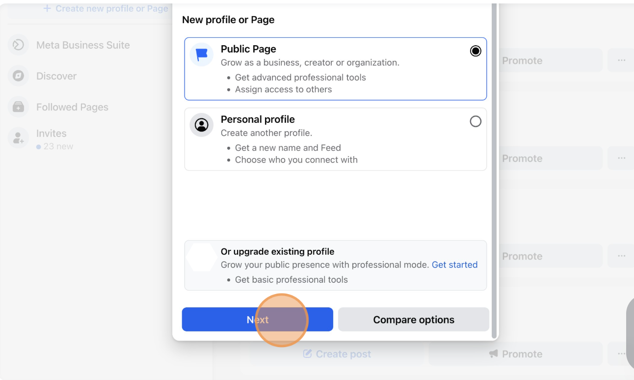 Proceed to next step in Facebook page creation