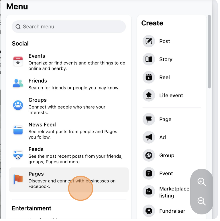 Facebook Pages Section - Select Pages from the menu options