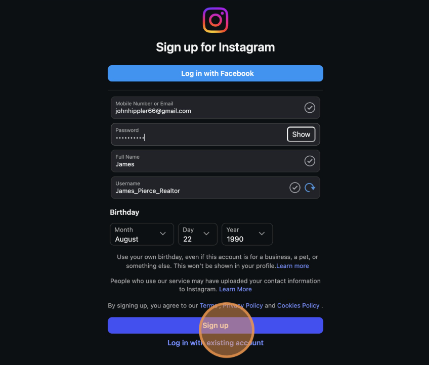 Instagram Submit Sign Up - Complete registration form