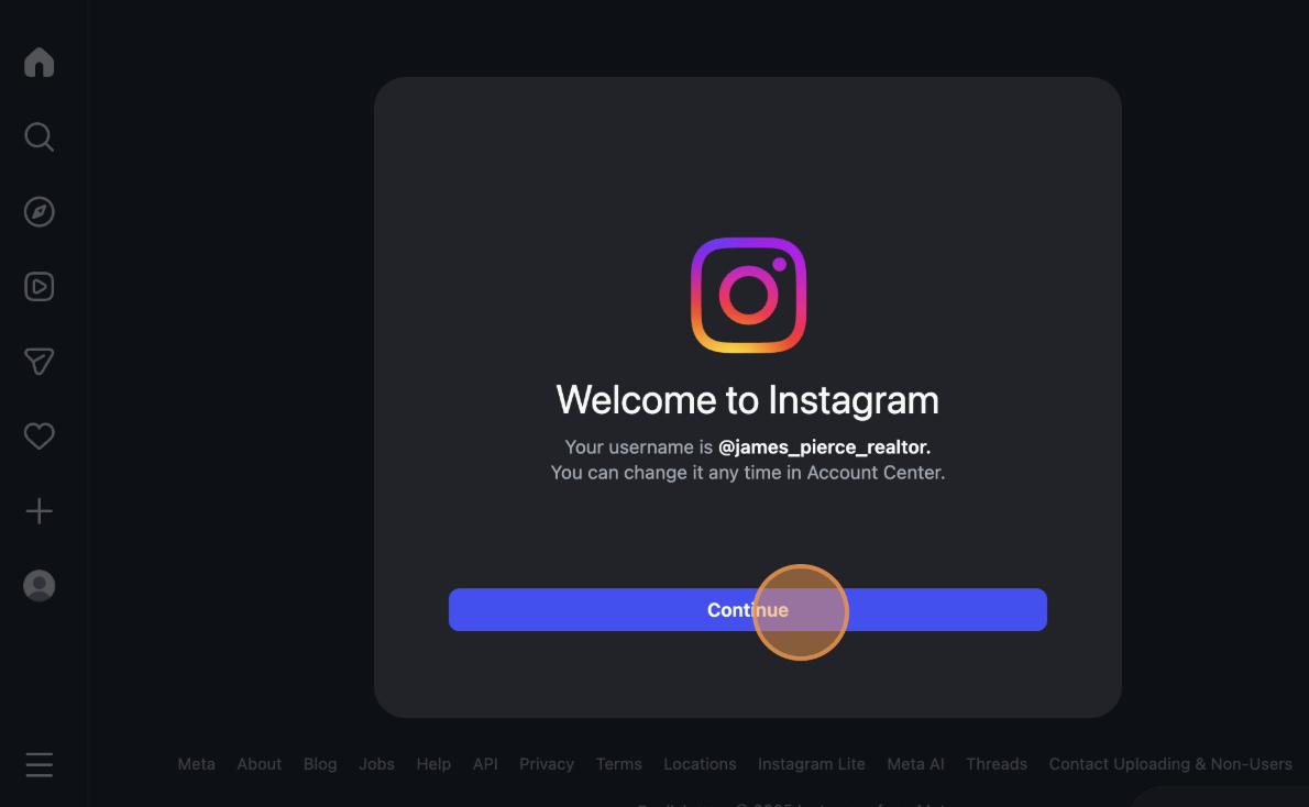 Instagram Welcome Screen - Click continue to set up profile