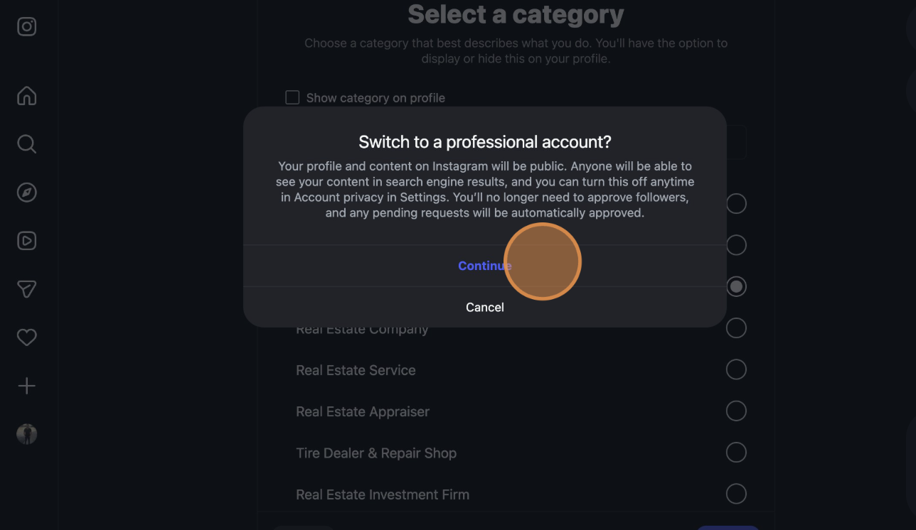 Confirm and continue with professional account