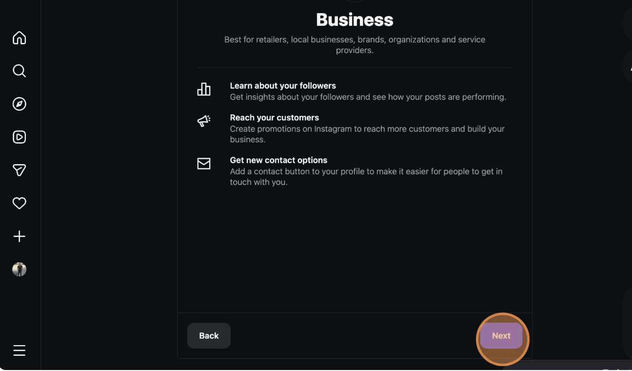 Continue with Business account setup