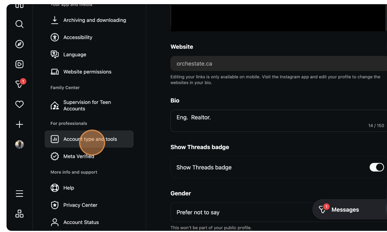 Instagram Account Type and Tools menu