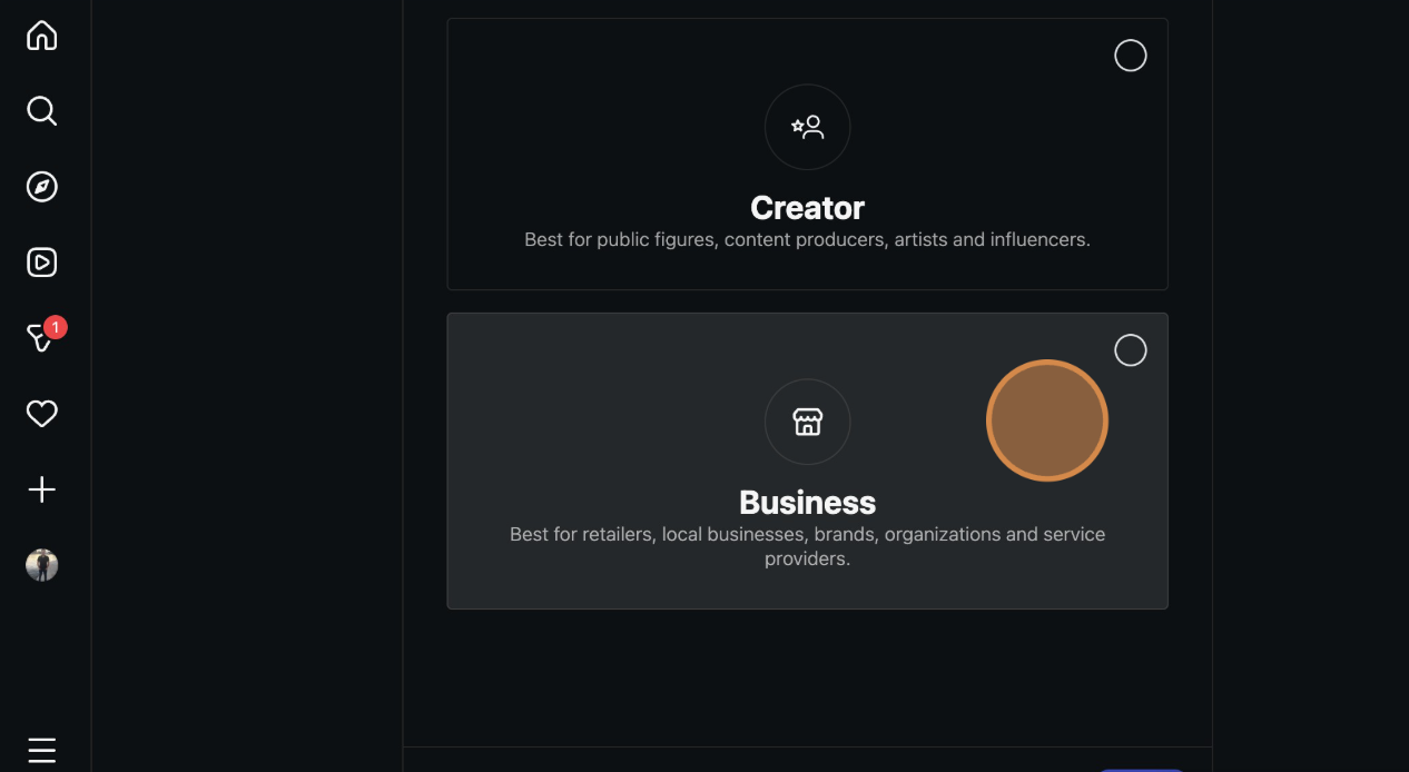 Choose Business account type