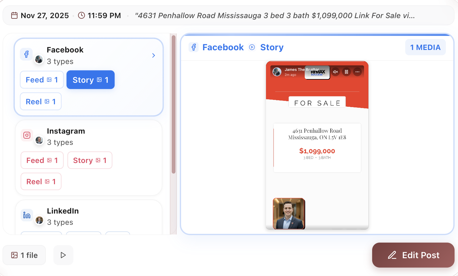 Screenshot of Orchestate AI creating social media content from MLS listing - Mississauga property featured