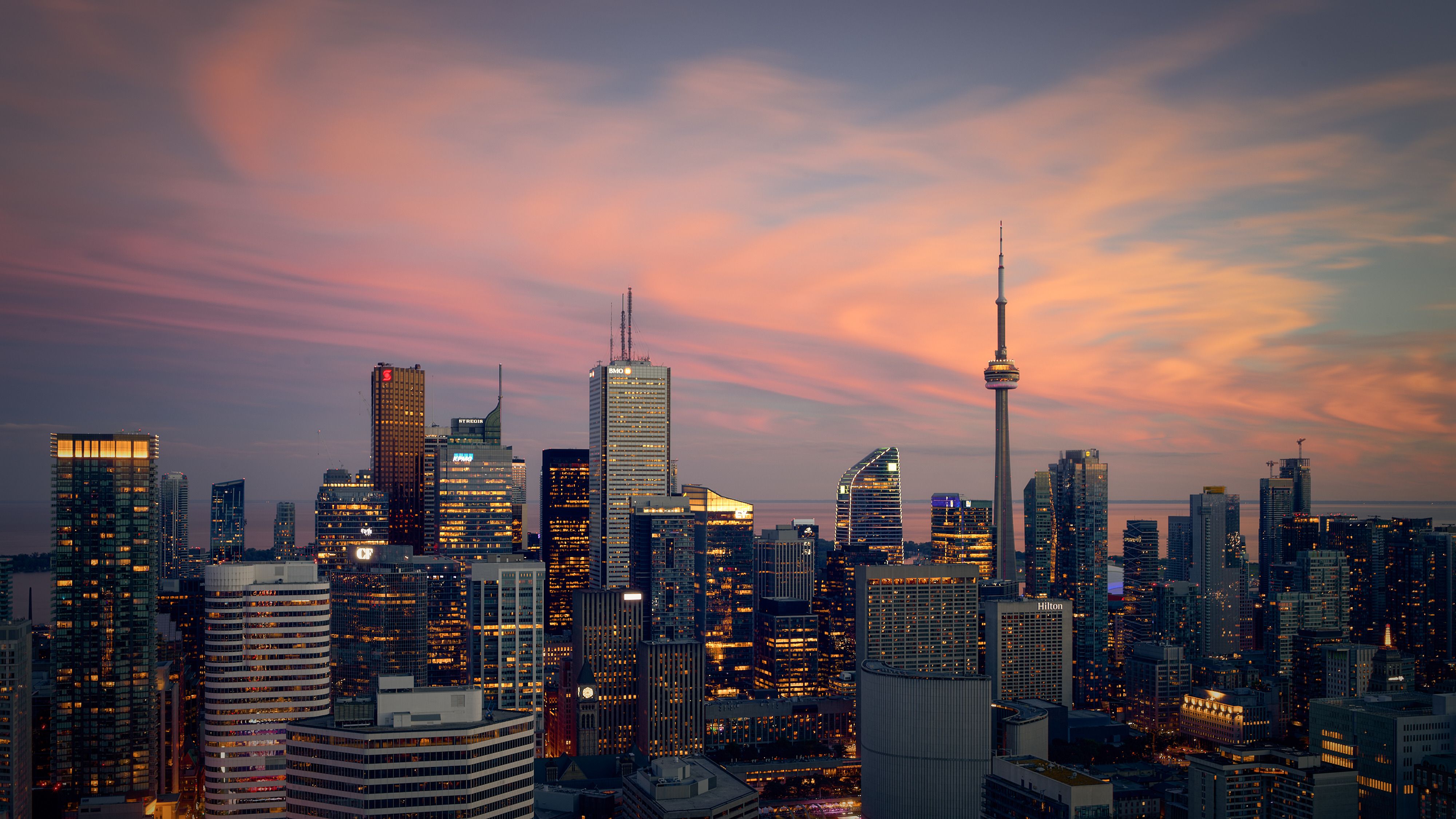 The Toronto skyline at sunset, CN Tower at centre