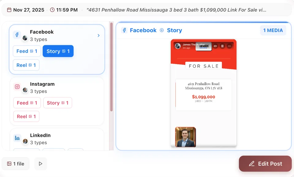 Screenshot of Orchestate AI creating social media content from MLS listing - Mississauga property featured